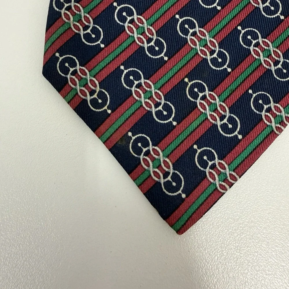 Hermes Men's Tie Chain Link Nautical Striped Navy/Red/Green 984 SA Silk 3